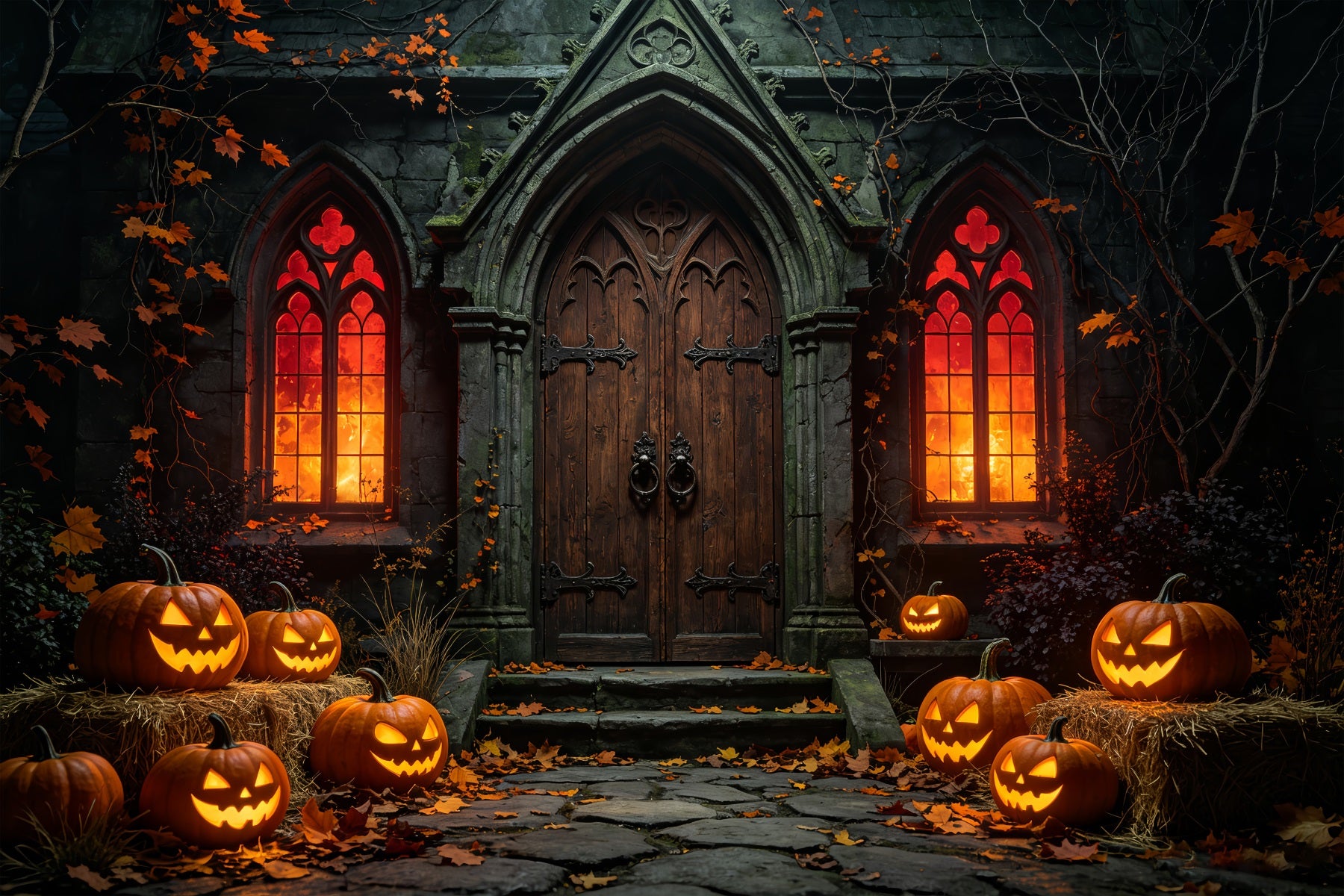 Halloween Backdrop Outdoor Gothic Pumpkin Chapel Entrance Photo Backdrop Halloween ZTT67-41