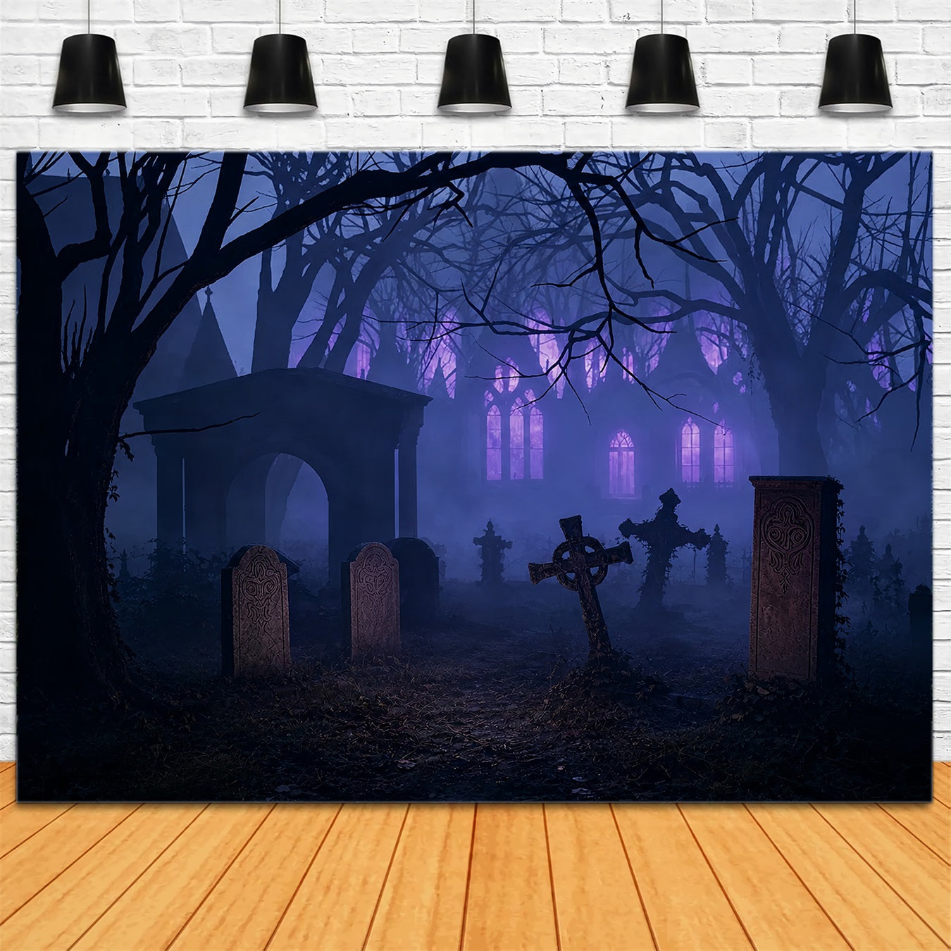 Halloween Graveyard Backdrops Foggy Purple Graveyard Ruins Photo Booth Halloween Backdrop ZTT67-42