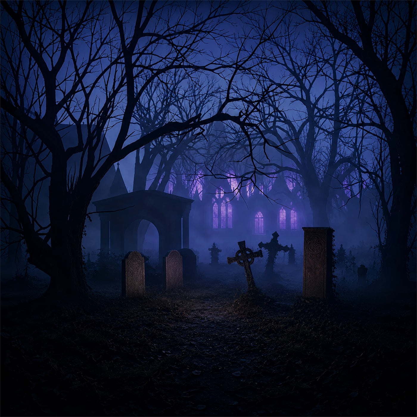 Halloween Graveyard Backdrops Foggy Purple Graveyard Ruins Photo Booth Halloween Backdrop ZTT67-42