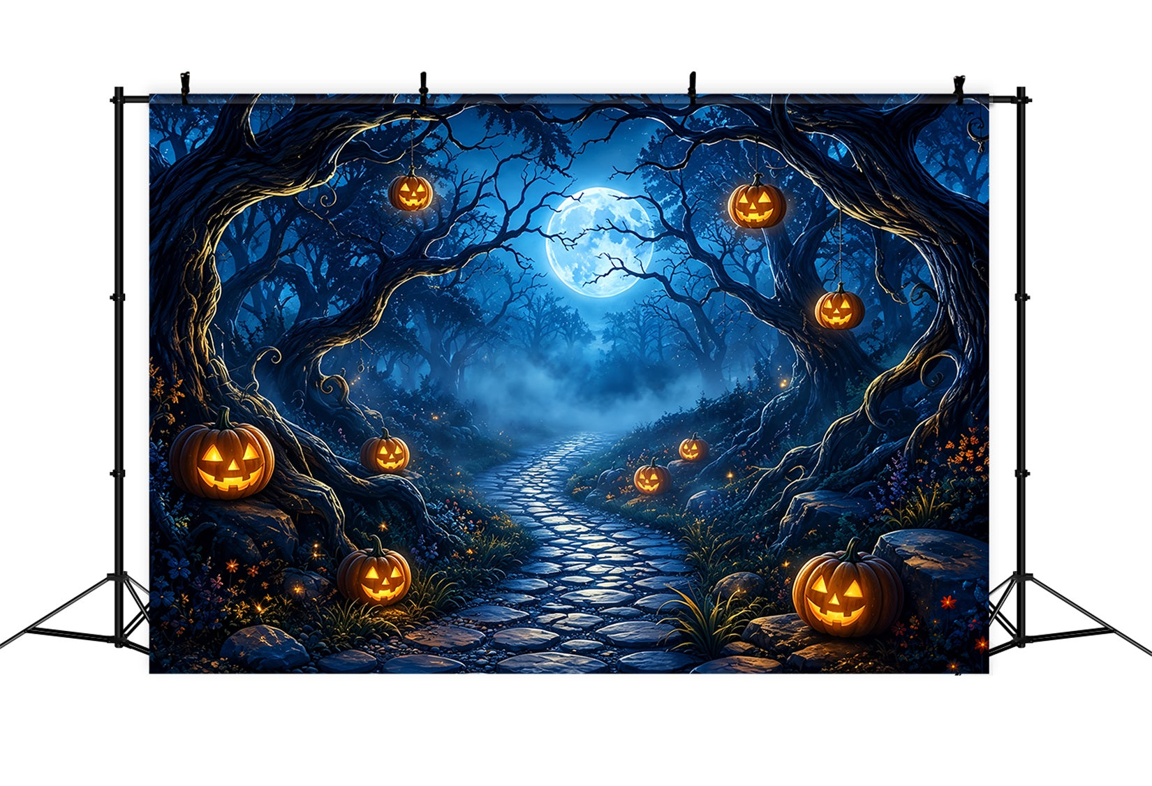 Halloween Spooky Backdrop Moonlit Pumpkin Forest Path Spooky Halloween Backdrops ZTT67-44