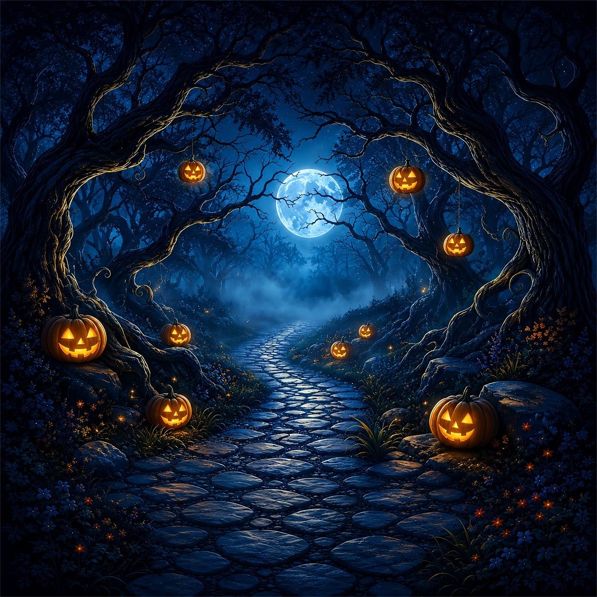 Halloween Spooky Backdrop Moonlit Pumpkin Forest Path Spooky Halloween Backdrops ZTT67-44