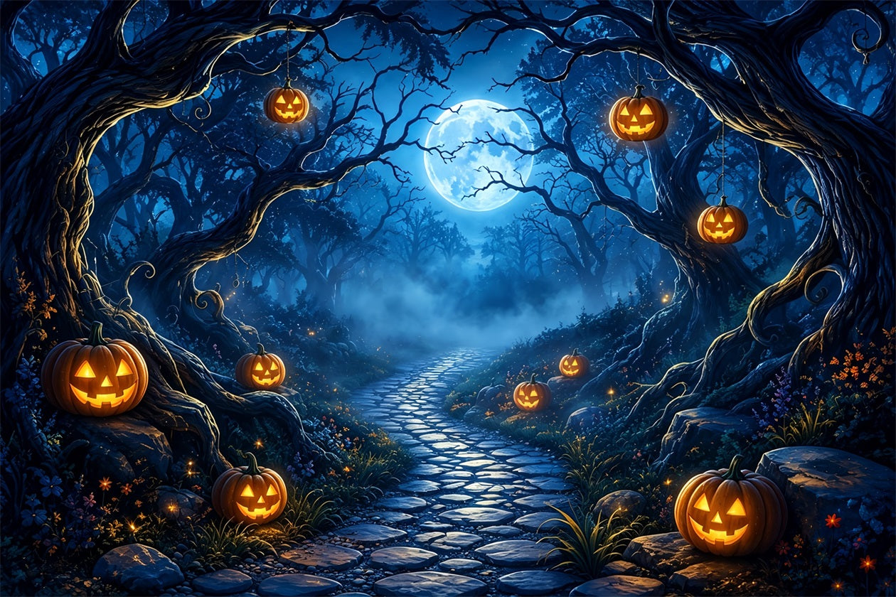 Halloween Spooky Backdrop Moonlit Pumpkin Forest Path Spooky Halloween Backdrops ZTT67-44