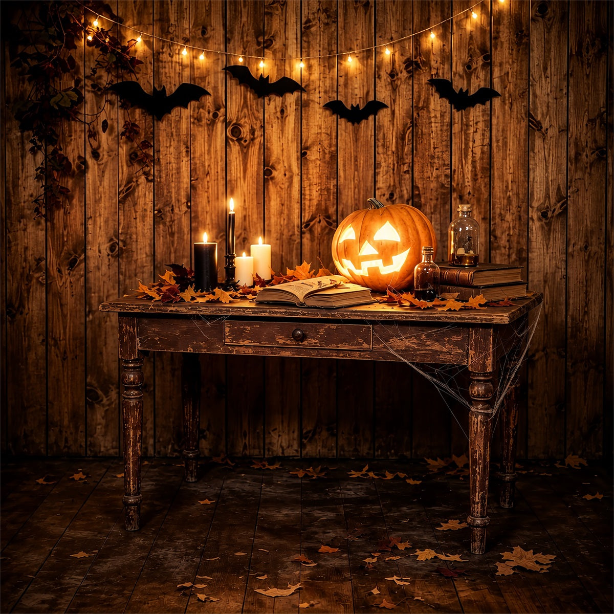 Halloween Picture Backdrops Rustic Pumpkin Candle Table Halloween Birthday Backdrop ZTT67-46