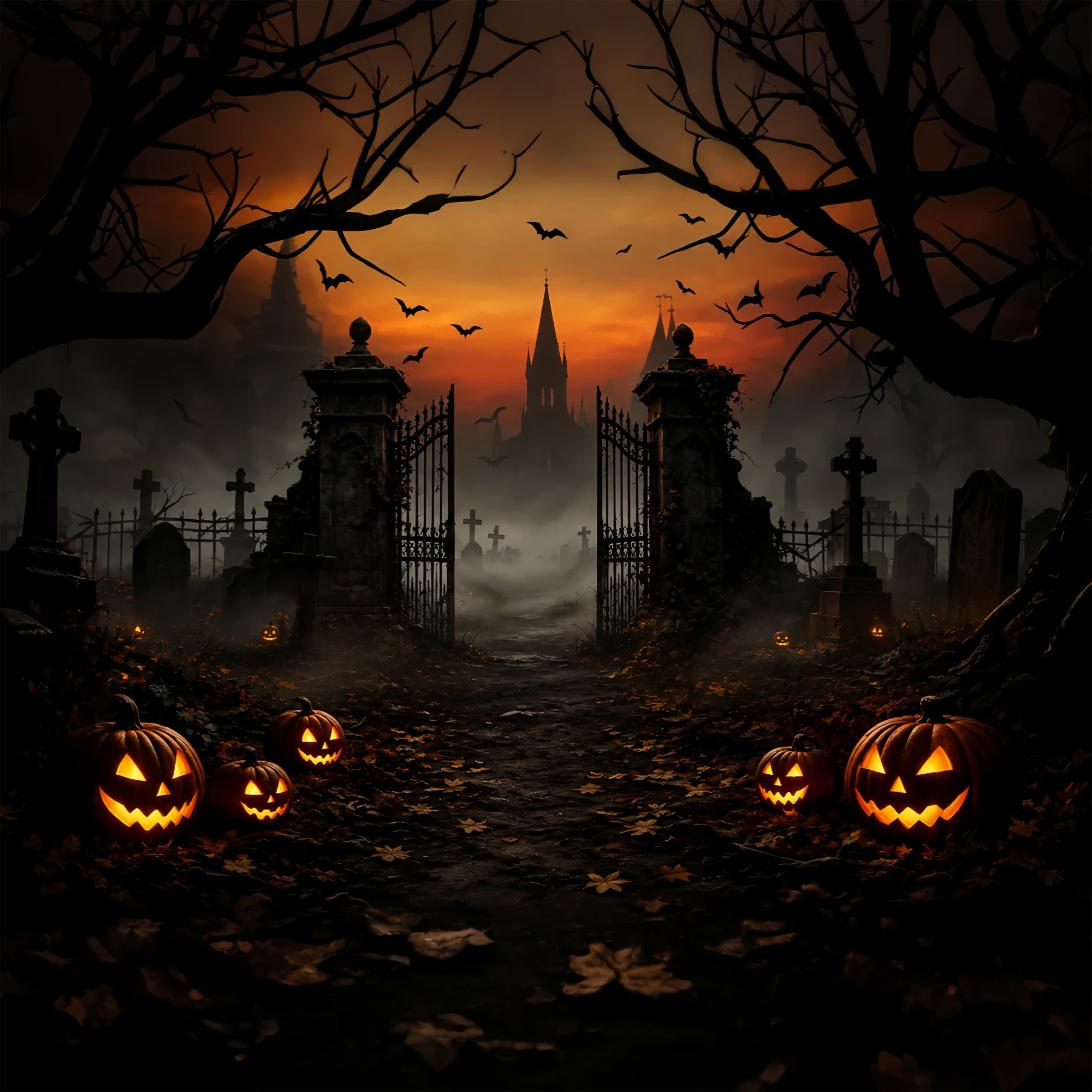Halloween House Backdrop Foggy Pumpkin Cemetery Gateway Halloween Cemetery Backdrop ZTT67-47