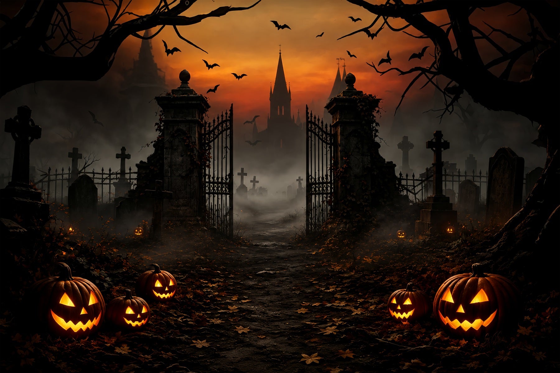 Halloween House Backdrop Foggy Pumpkin Cemetery Gateway Halloween Cemetery Backdrop ZTT67-47