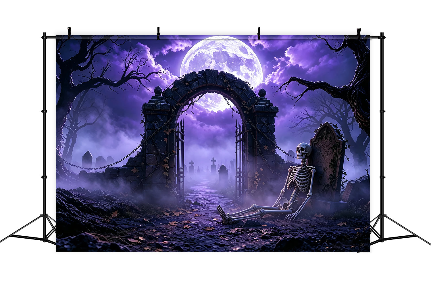Scary Halloween Backdrop Ideas Purple Moon Skeleton Graveyard Halloween Photoshoot Backdrop ZTT67-48