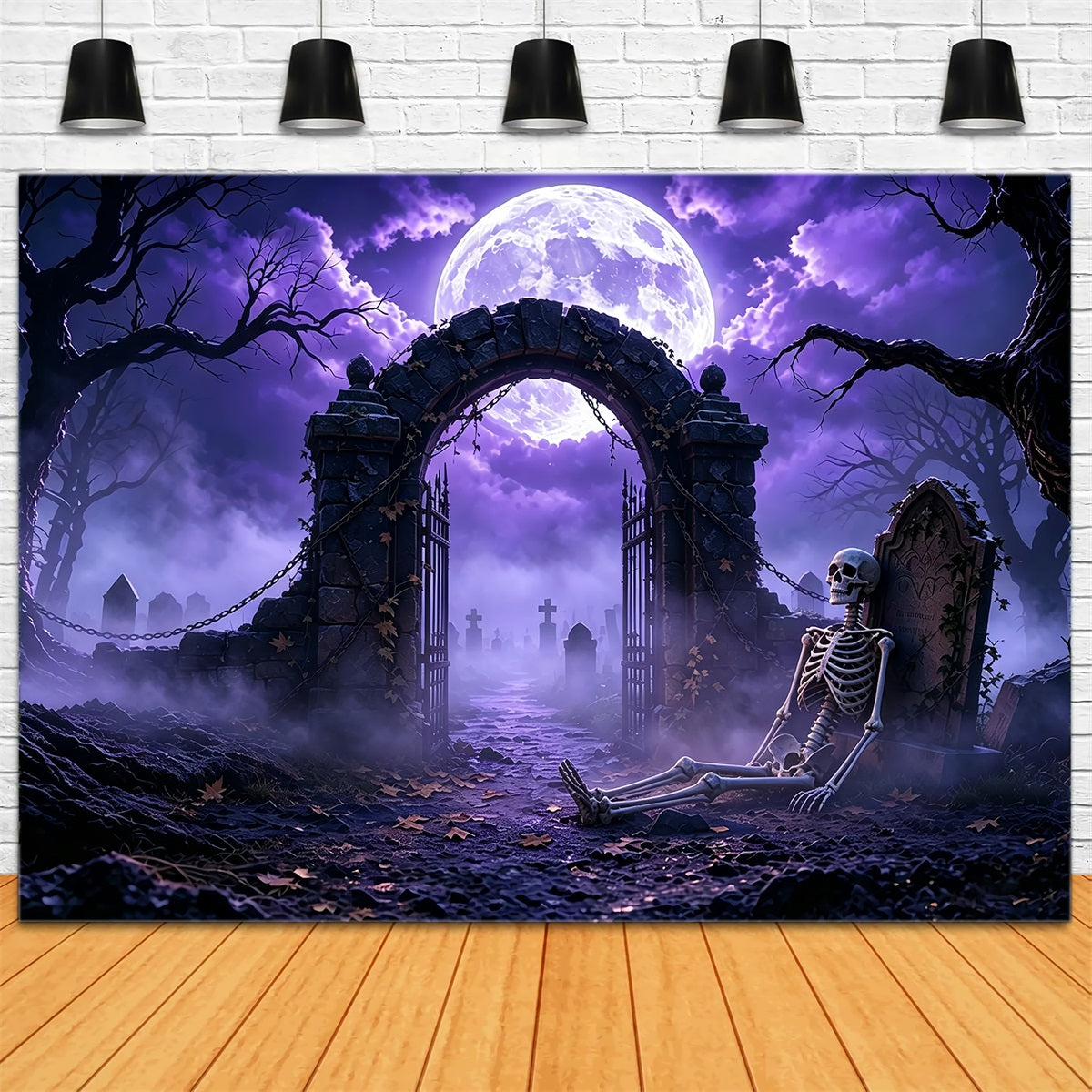 Scary Halloween Backdrop Ideas Purple Moon Skeleton Graveyard Halloween Photoshoot Backdrop ZTT67-48