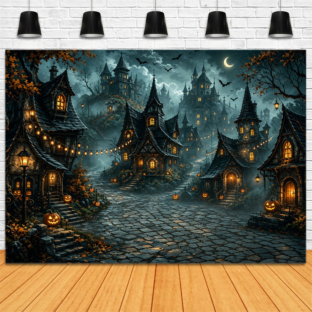 Fabric Halloween Backdrop Crescent Moon Pumpkin Village Halloween Backdrop For Pictures ZTT67-49