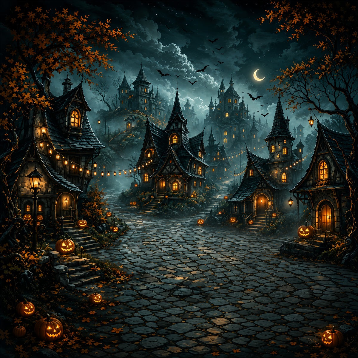 Fabric Halloween Backdrop Crescent Moon Pumpkin Village Halloween Backdrop For Pictures ZTT67-49