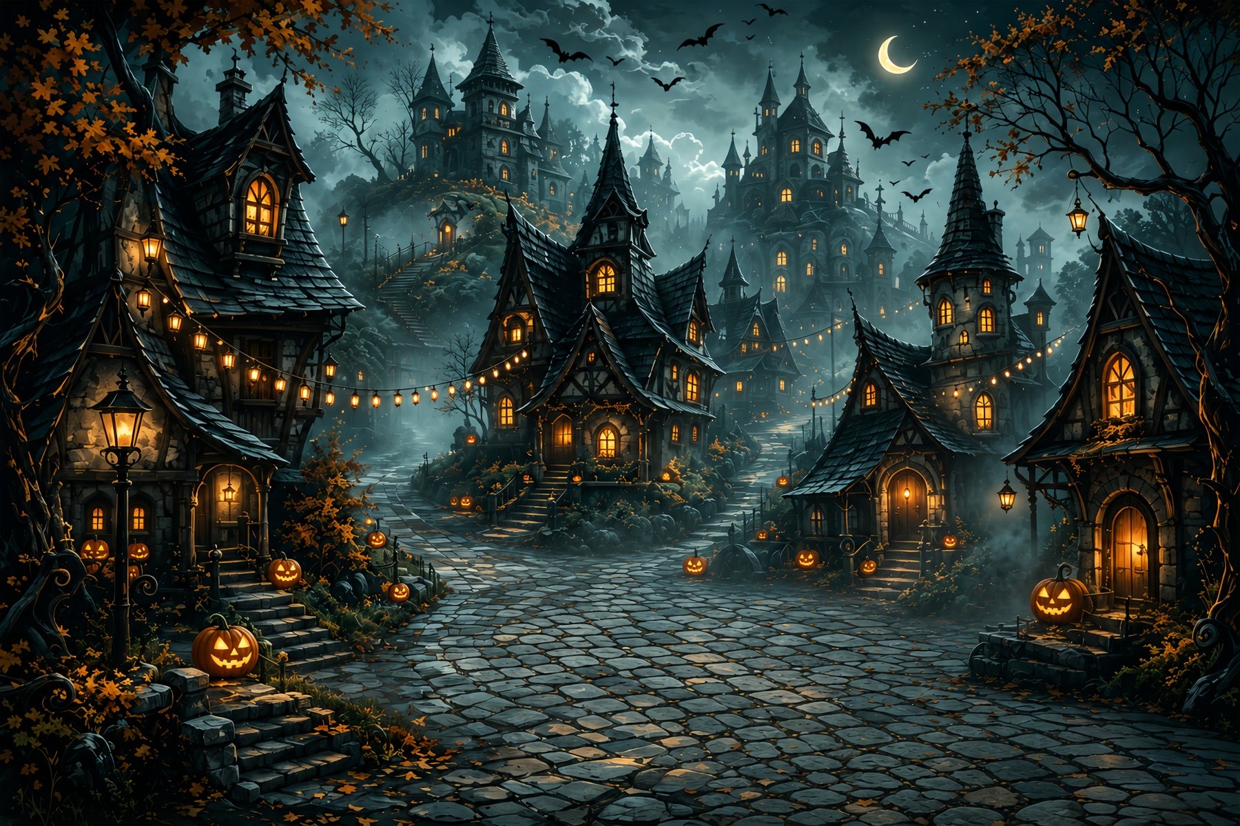 Fabric Halloween Backdrop Crescent Moon Pumpkin Village Halloween Backdrop For Pictures ZTT67-49