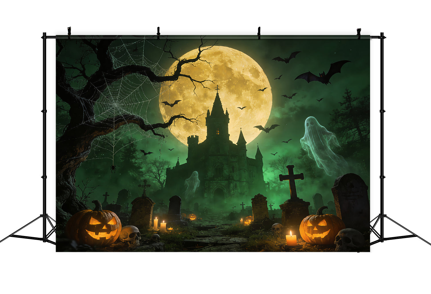 Ghost Spider Backdrop Ghostly Castle Graveyard Moon Halloween Backdrops For Pictures ZTT67-52