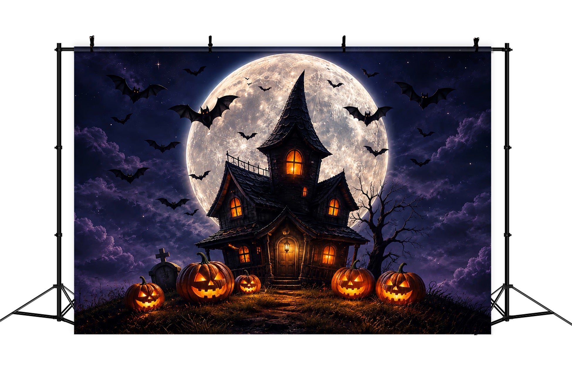 Witches Lair Backdrop Moonlit Pumpkin Haunted Cottage Halloween Scene Backdrop ZTT67-60