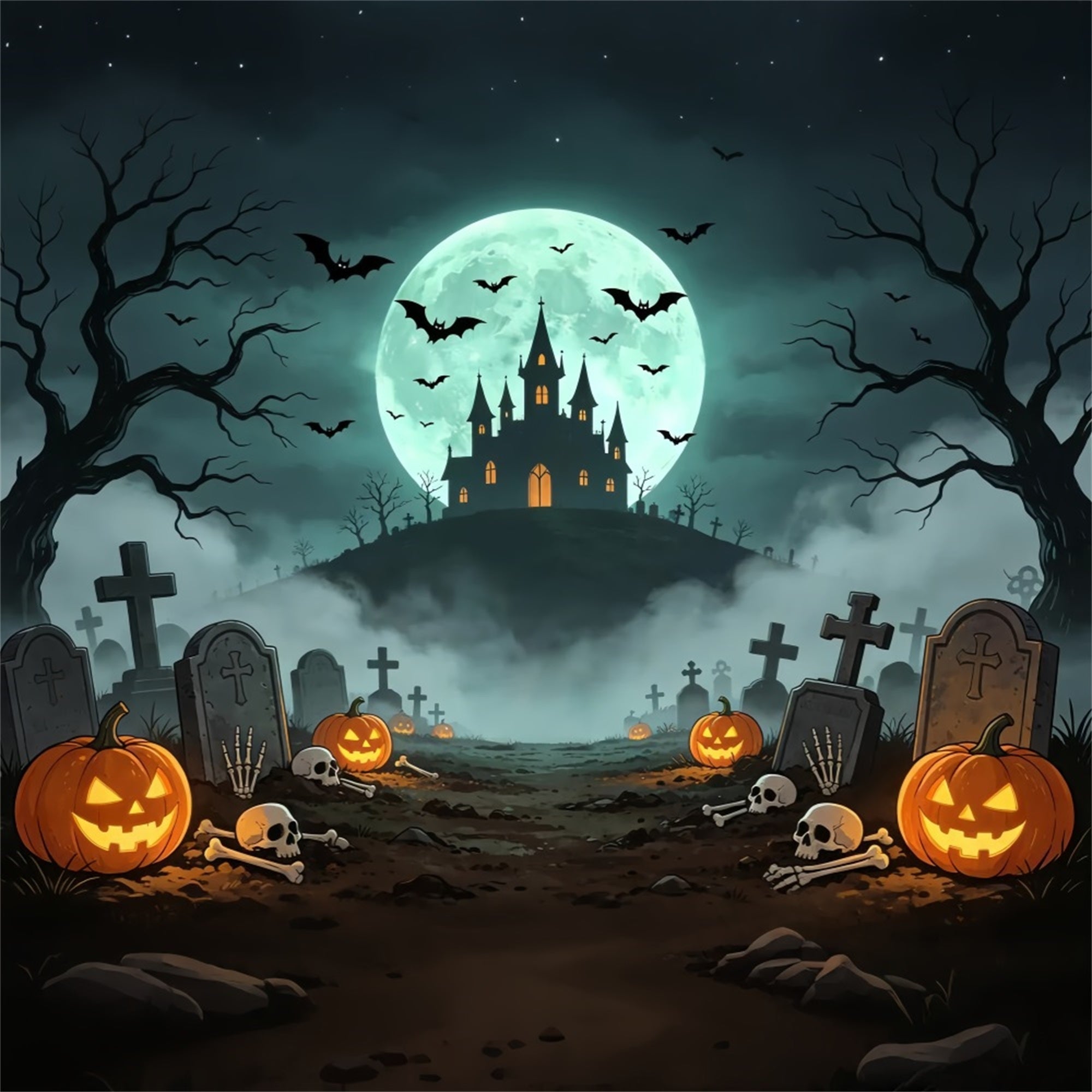 Vampire Backdrops Moonlit Castle Graveyard Path Scary Halloween Photo Backdrops ZTT67-61