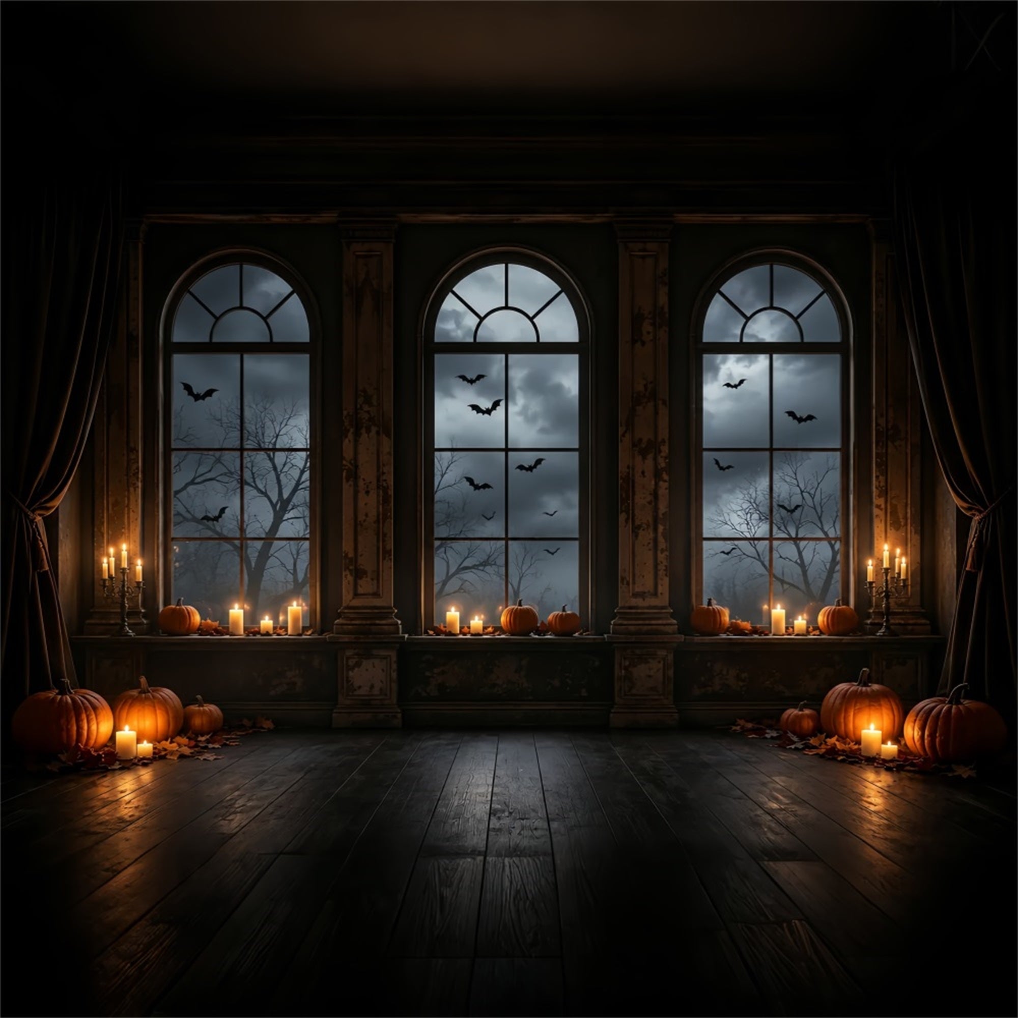Batcave Backdrop Candlelit Pumpkin Arched Windows Halloween Backdrop Photos ZTT67-63