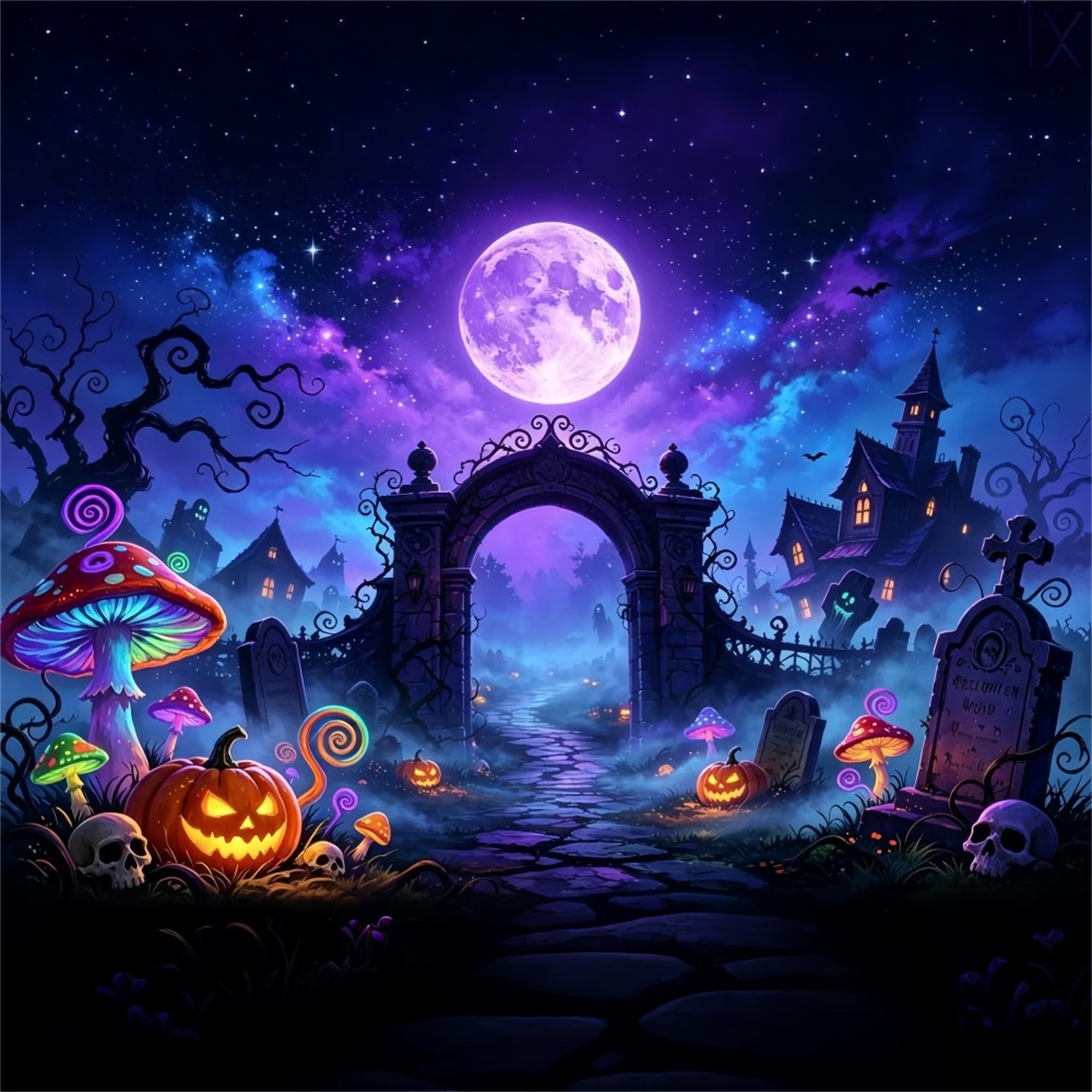 Bat Cave Backdrop Neon Moon Mushroom Graveyard Halloween Backdrop For Kids ZTT67-64