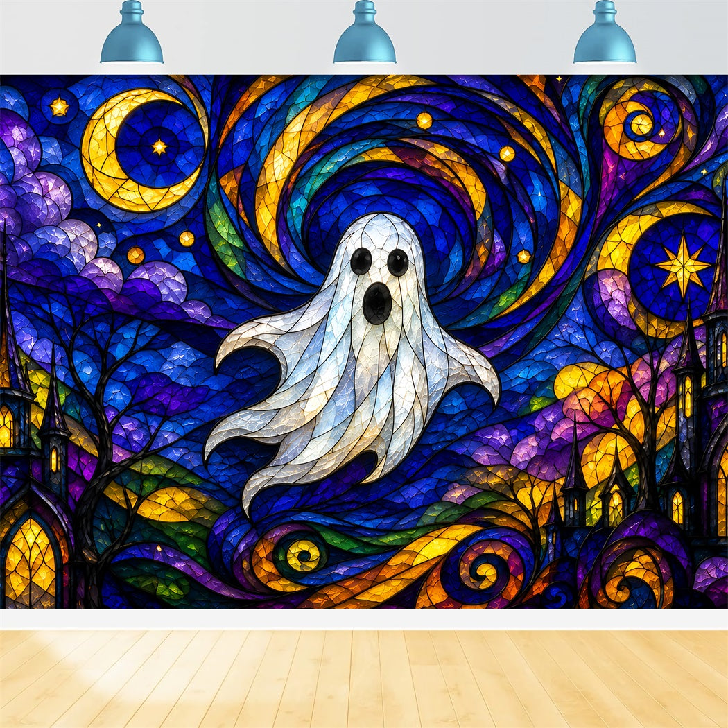 Ghost Stained Glass Backdrop Tapestry Moonlit Cute Ghost Photobooth Halloween Photo Booth Backdrop ZTT67-68