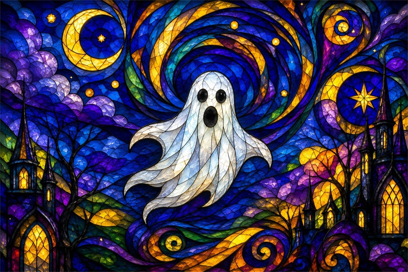 Ghost Stained Glass Backdrop Tapestry Moonlit Cute Ghost Photobooth Halloween Photo Booth Backdrop ZTT67-68