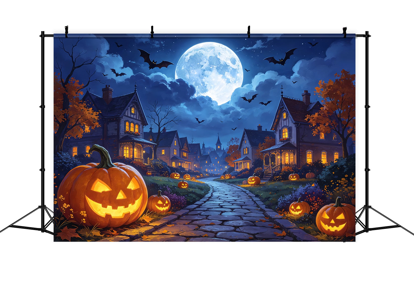 Photography Backdrops Halloween Moonlit Pumpkin Village Road Halloween Town Backdrop ZTT67-7