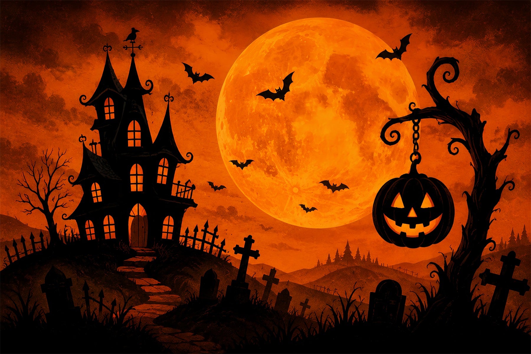 Halloween Backdrops For Pictures Orange Moon Haunted Mansion Halloween Circus Backdrop ZTT67-9