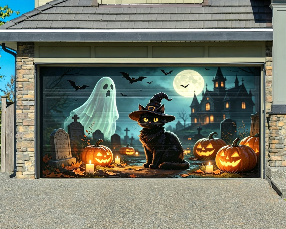 Black Cat Halloween Garage Door Cover Ghost Graveyard Moon Halloween Yard Garage Door Decor ZTT68-17-2 car