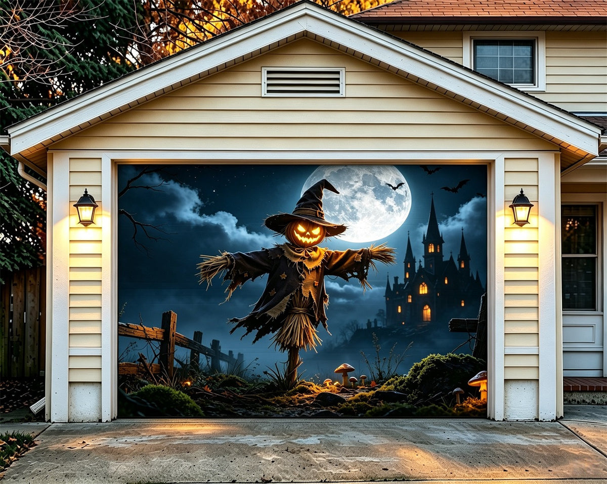 Scarecrow Halloween Garage Door Cover Moonlit Castle Field Halloween Garage Door Cover ZTT68-22-1 car