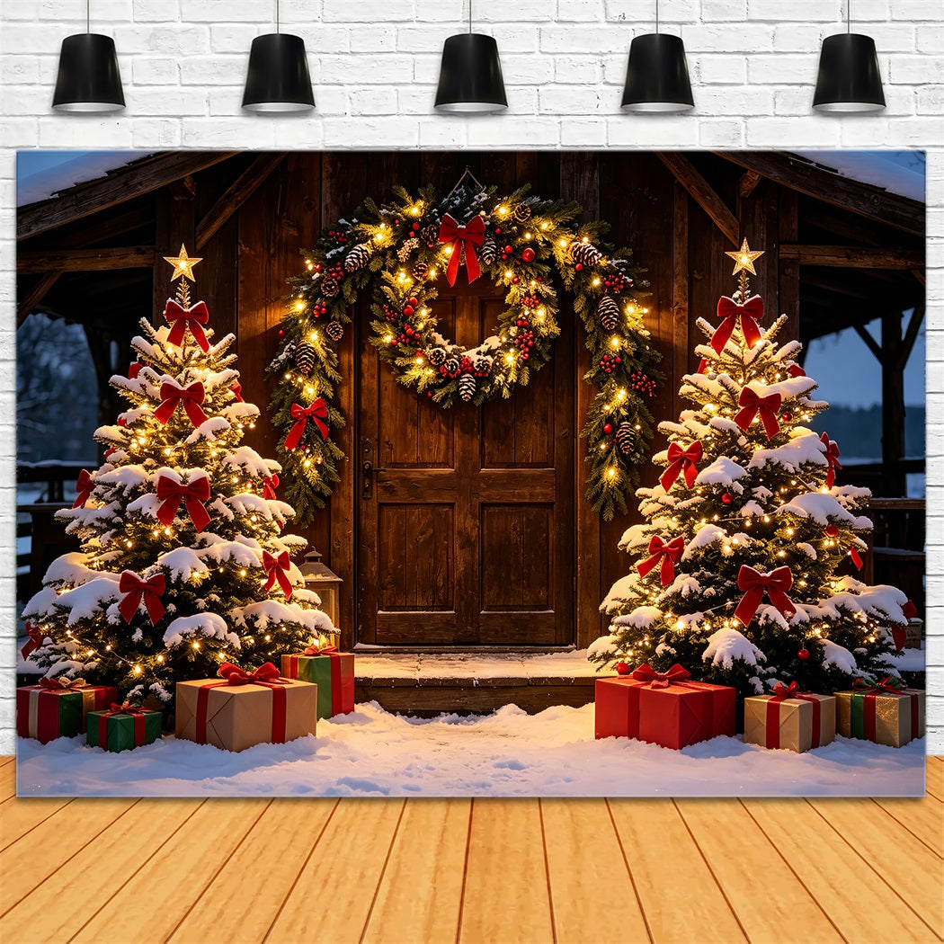 Christmas Barn Door Backdrop Rustic Snowy Cabin Entrance Photography Backdrop Christmas ZTT69-31