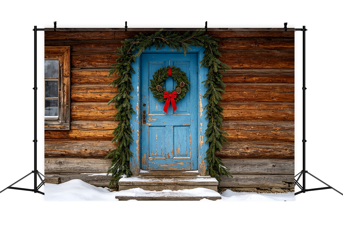Wooden Christmas Backdrop Rustic Blue Door Cabin Muslin Backdrop Christmas ZTT69-46