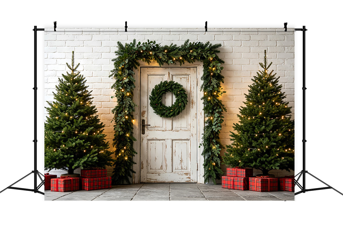 Christmas Greenery Backdrop White Door Garland Entrance Photographic Backdrops Christmas ZTT69-47