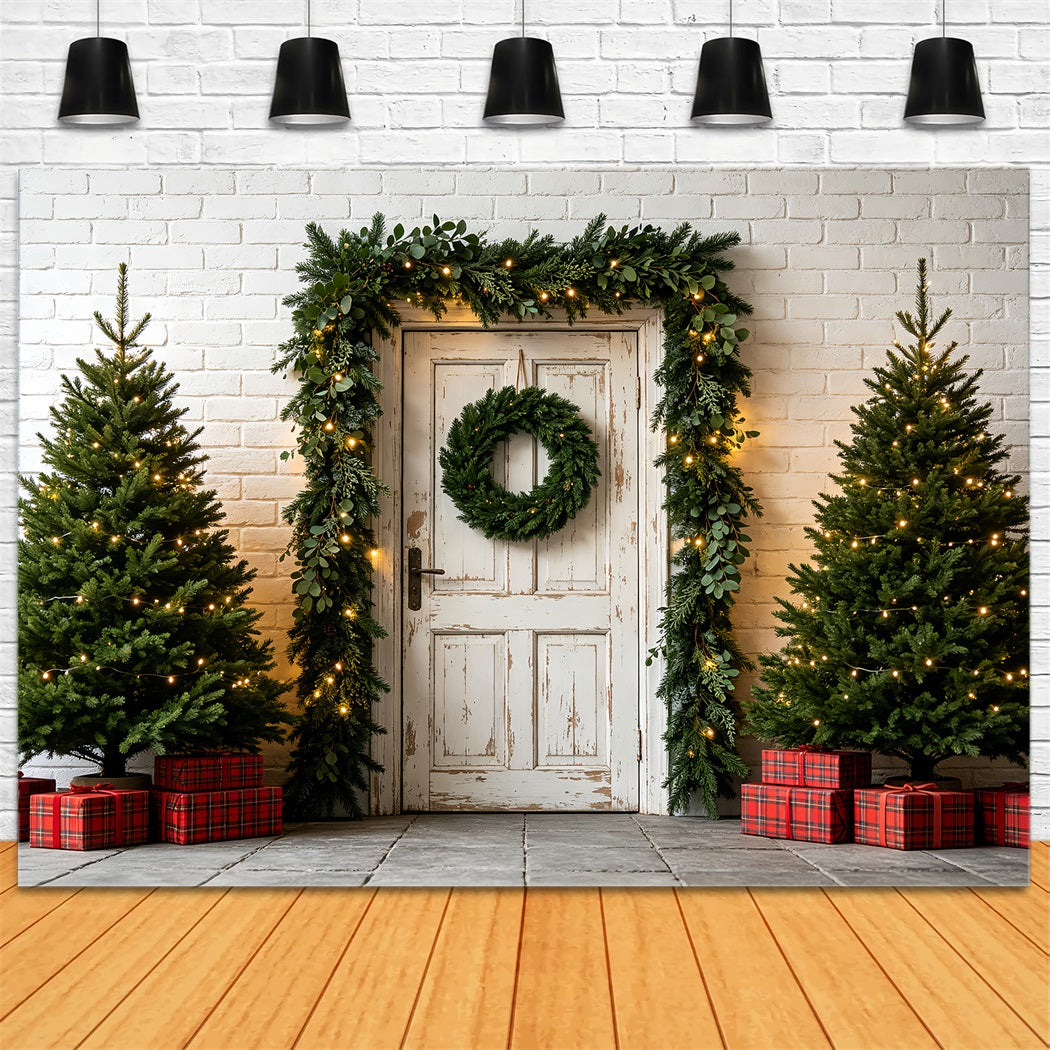 Christmas Greenery Backdrop White Door Garland Entrance Photographic Backdrops Christmas ZTT69-47