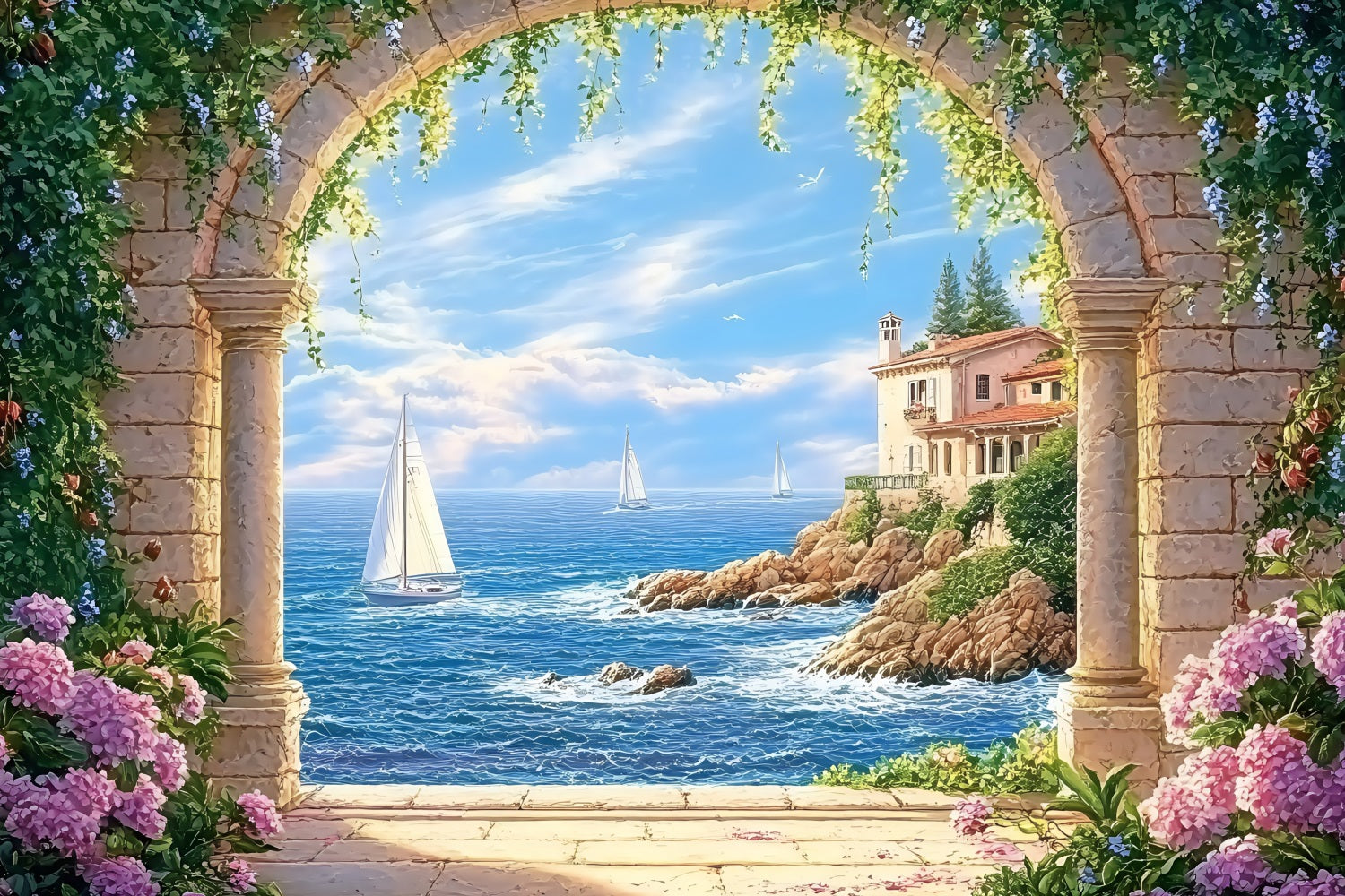 Beach Backdrops Stone Arch Sea Summer Backdrop ZXY3-11