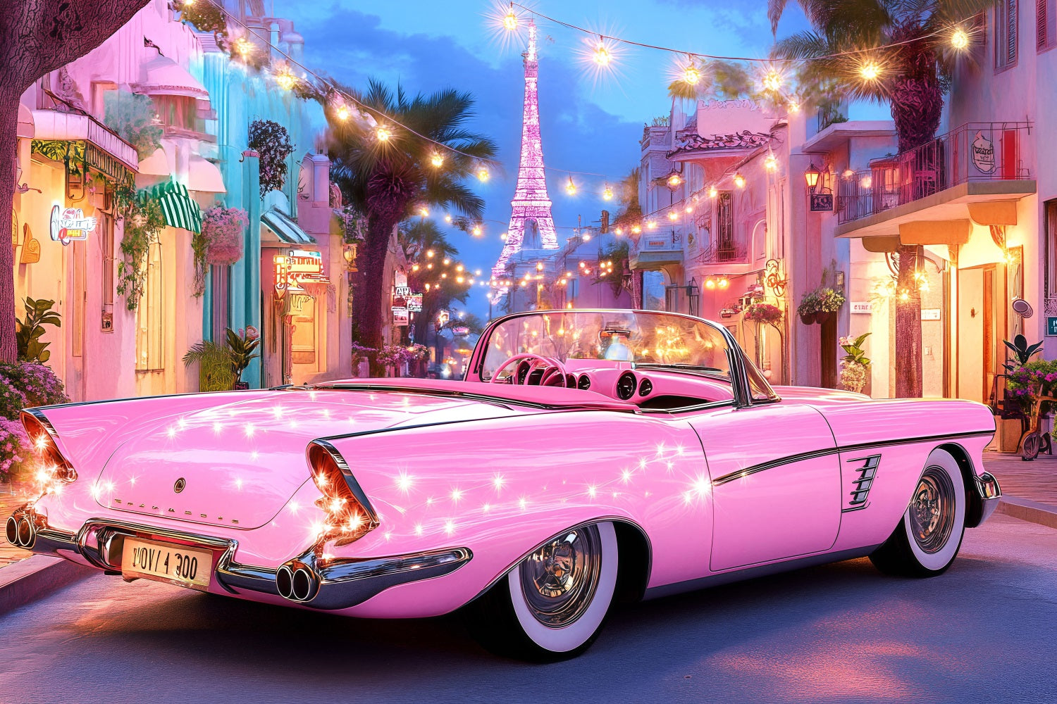 Summer Backdrop Pink Car Eiffel Lights Backdrop ZXY3-20