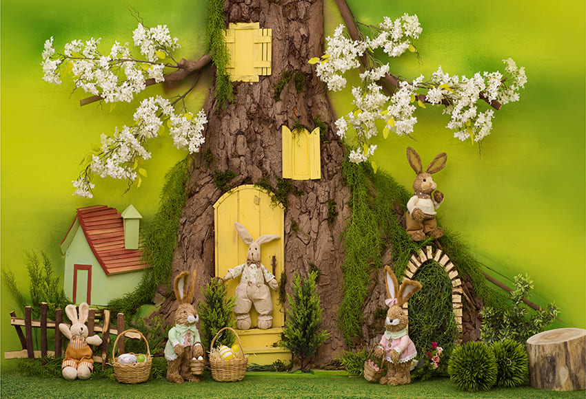 Bunny Rabbit Tree House Easter Backdrop