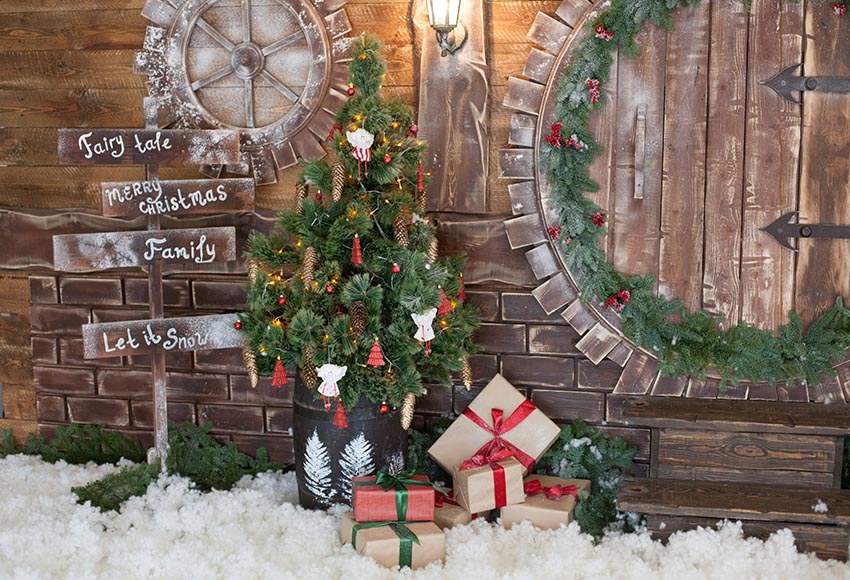 Wooden Door Christmas Tree Gifts Backdrops for Christmas GX-1065