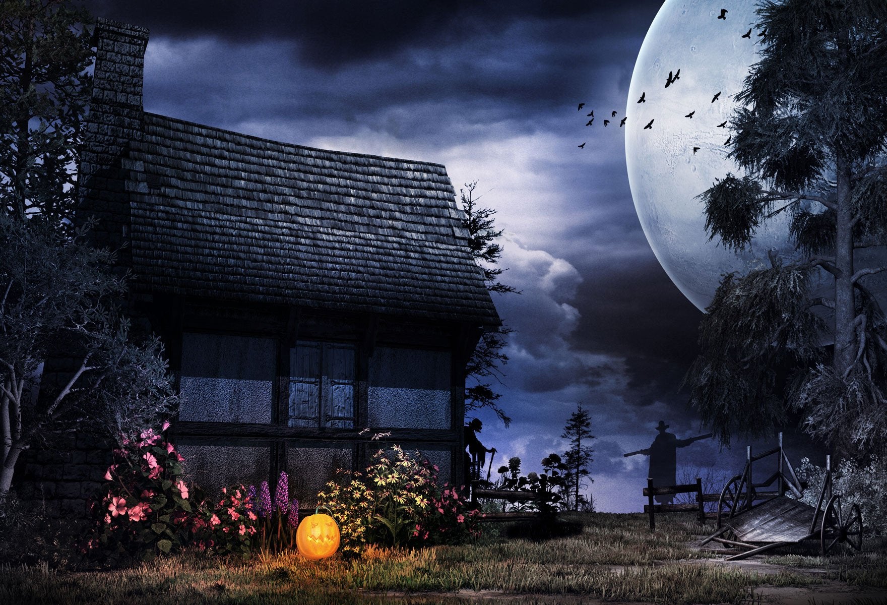 Halloween Night Moon  Pumpkin Lanter Photo Studio Backdrops HJ05378