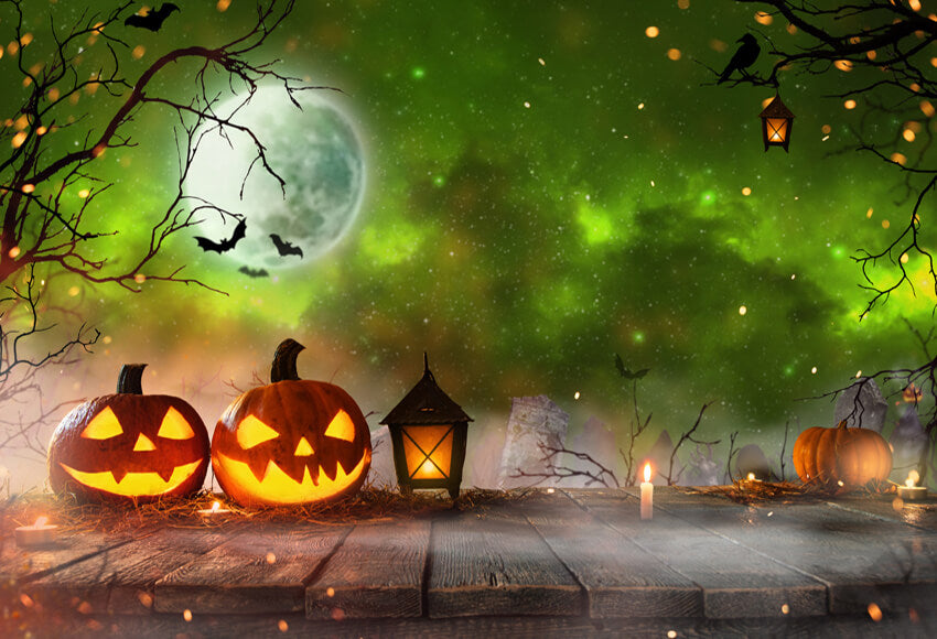 Halloween Pumpkins Dark Spooky Forest  Blue Fog Backdrop