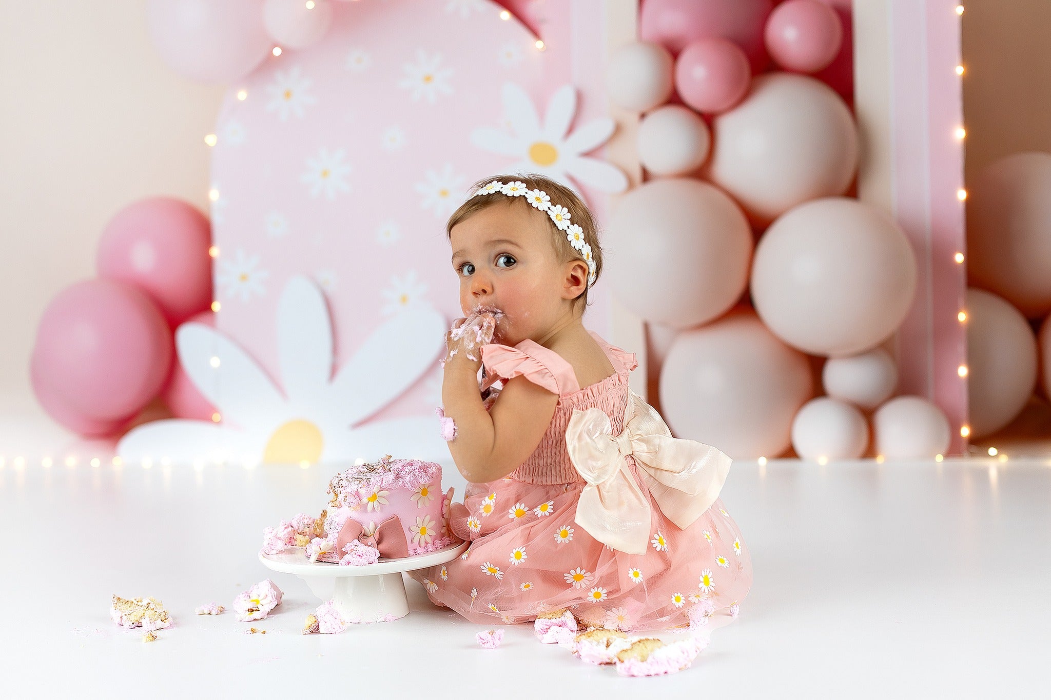 Cake Smash Backdrop Pink Daisy Balloon Rainbow Birthday Photo Backdrop MRR9-40