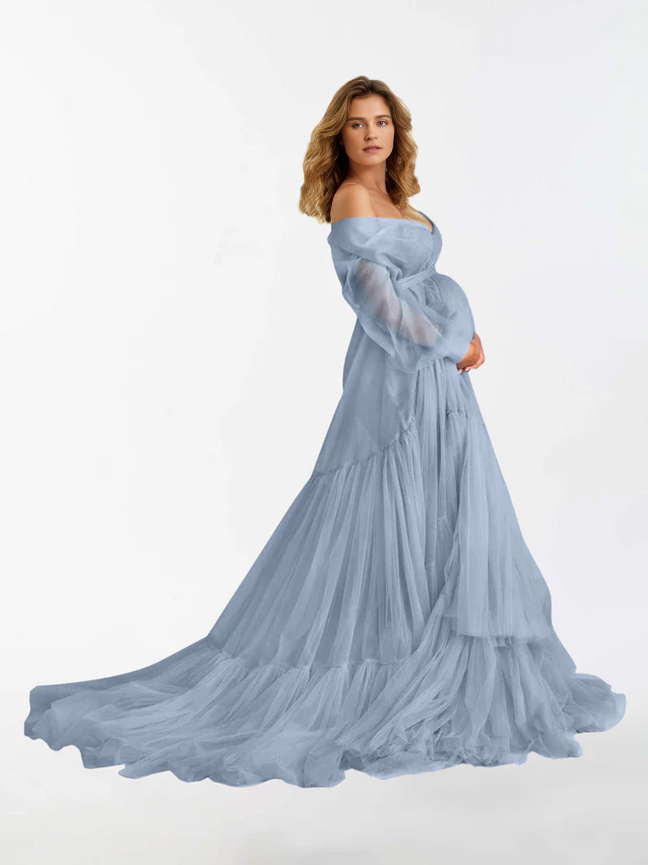 V Neck Ruffles Long Sleeve Maternity Dress for Photography RB3
