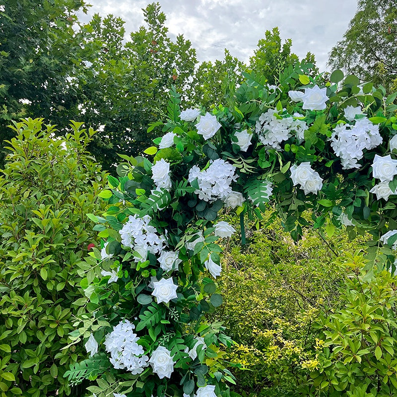 Green Leaves and White Fabric Rose Heart Shaped Arch Wedding Flower Wall ABAW-003