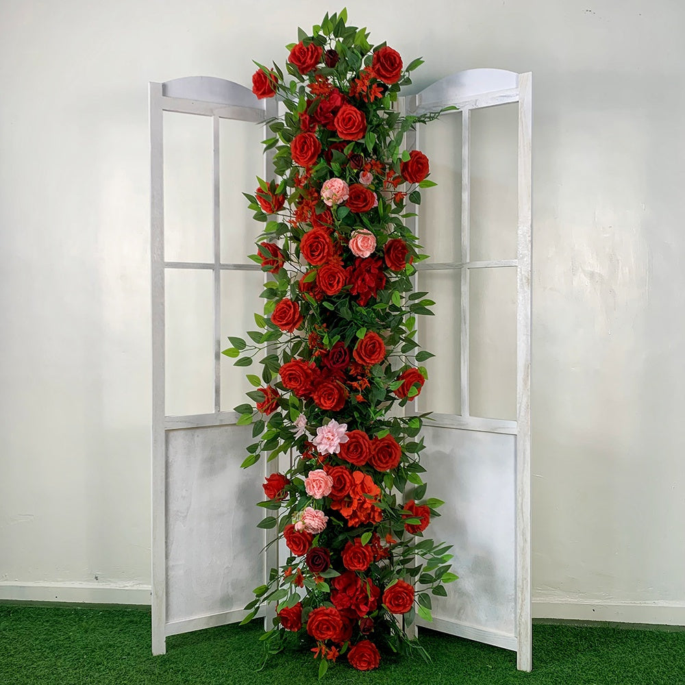 Red Silk Rose with Greenery Wedding Decor Flower Runner Flower Row ABFR-018
