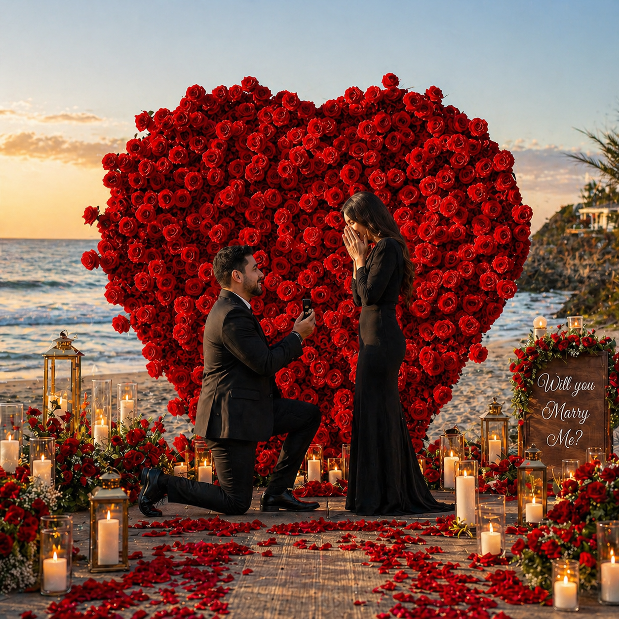 Romantic Heart Shape Red Rose Flower Wall for Wedding Proposal Decor
