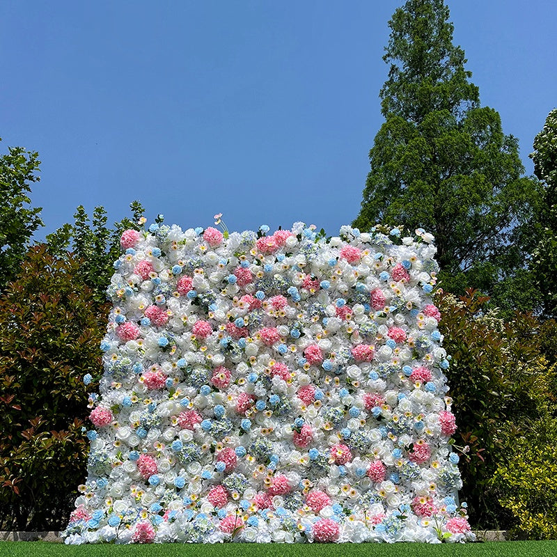 5D Fabric White Pink Mixed Flowers Rolling Up Curtain Flower Wall ABFW-095