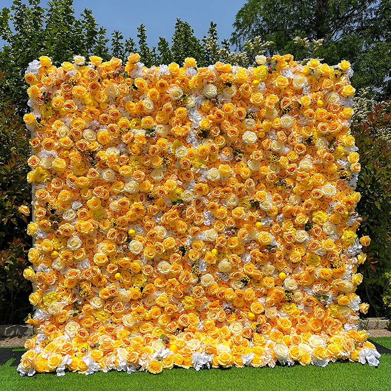 Golden Yellow Floral Wall Backdrop For Luxury Wedding Decor ABFW-098