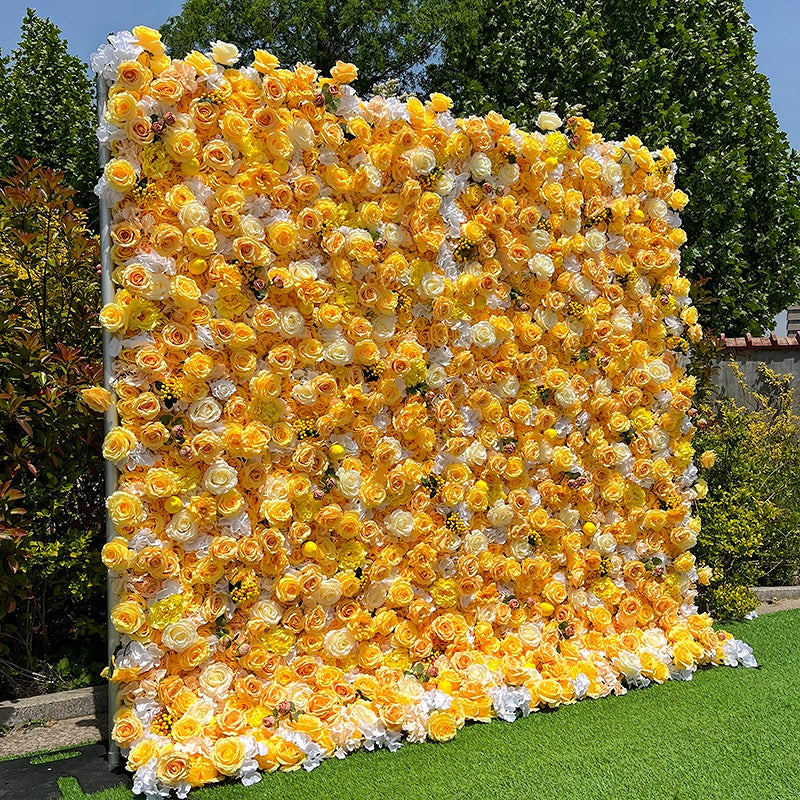 Golden Yellow Floral Wall Backdrop For Luxury Wedding Decor ABFW-098