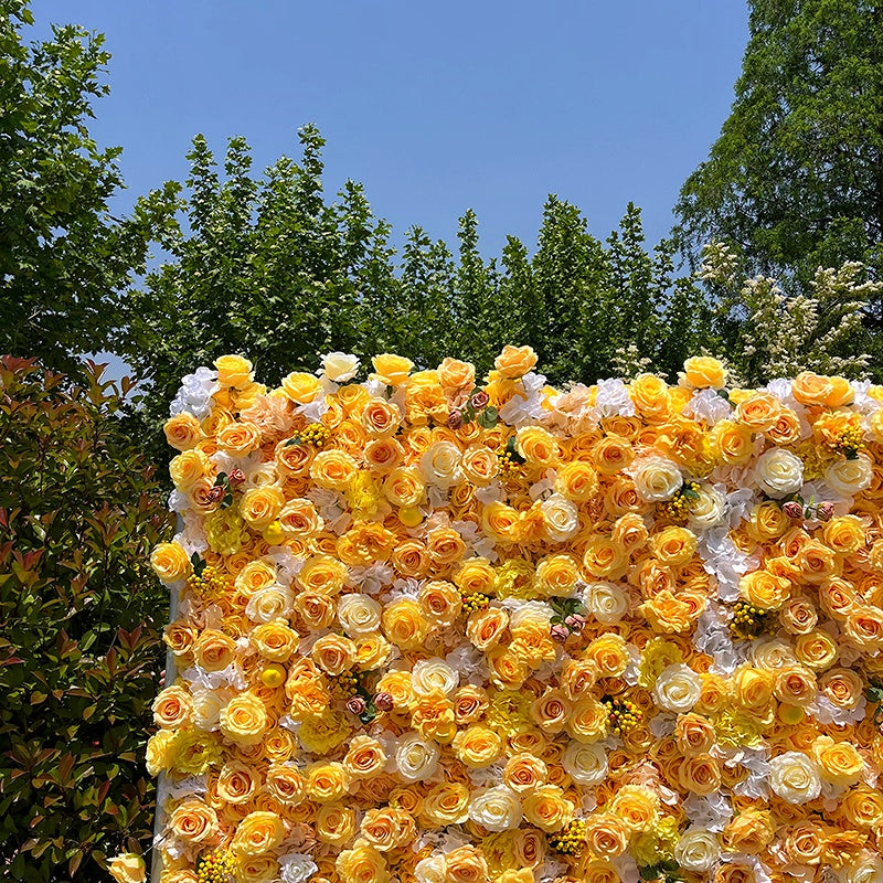 Golden Yellow Floral Wall Backdrop For Luxury Wedding Decor ABFW-098