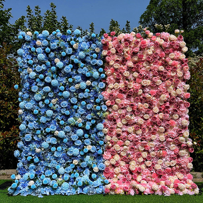 Two floral walls, one blue and one pink