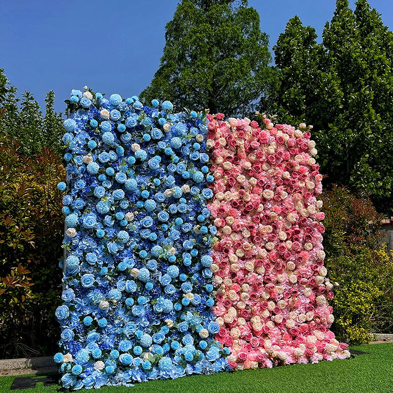 Floral wall with blue and pink flowers 
