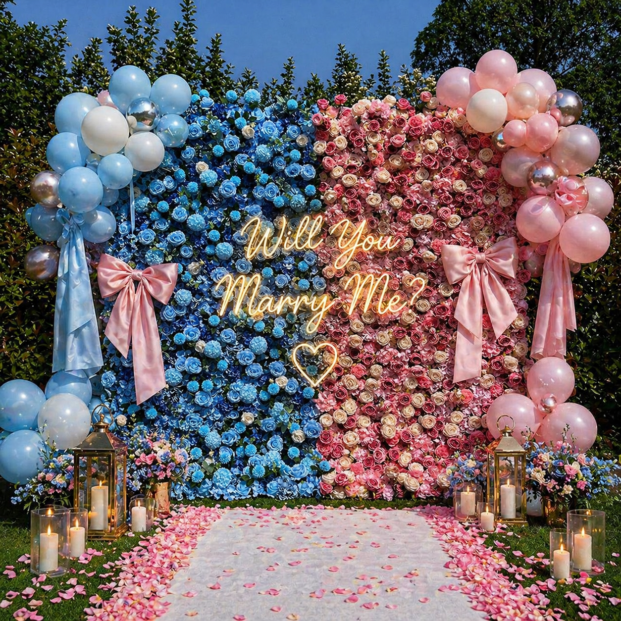 Blue Pink Floral Wall for Outdoor Wedding Birthday Backdrop