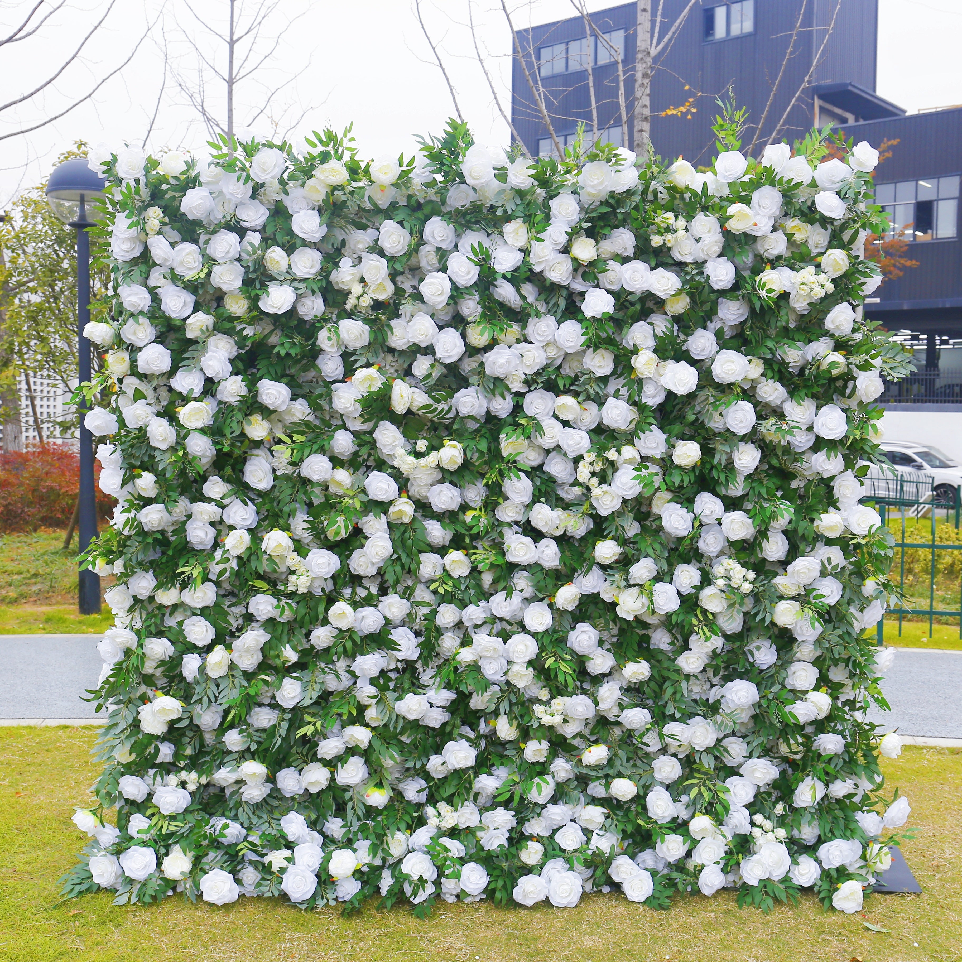 White Rose Green Leaves Fabric Roll Up Flower Wall ACFW-156