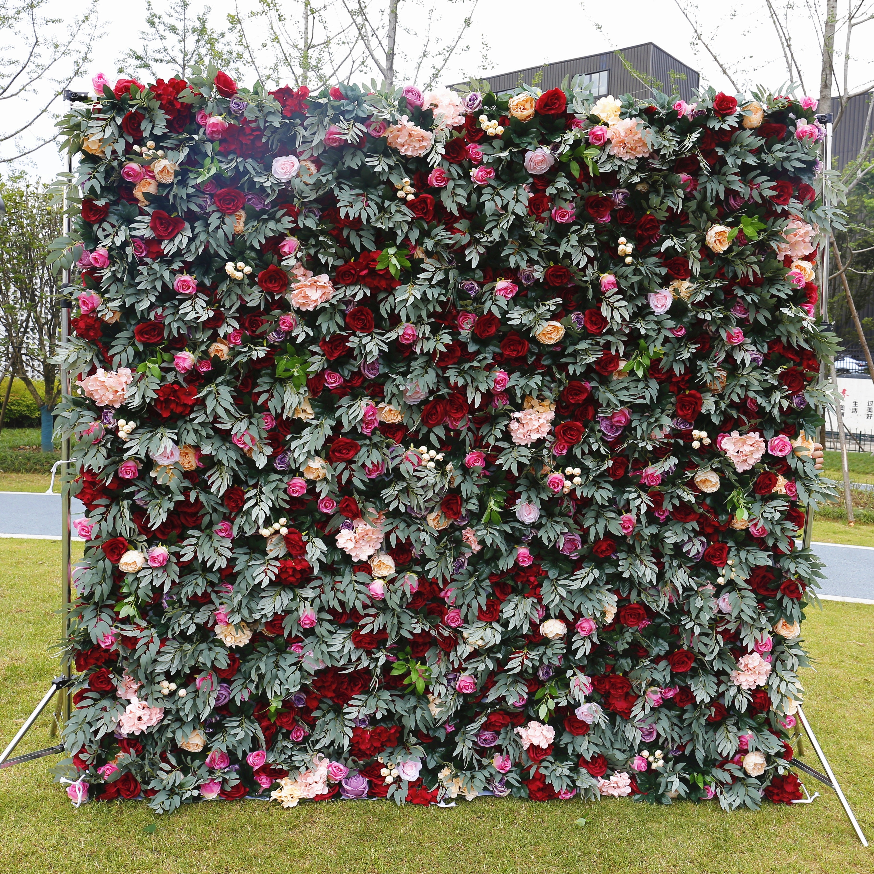 Red Rose with Greenery Wedding Fabric Roll Up Curtain Flower Wall ACFW-043