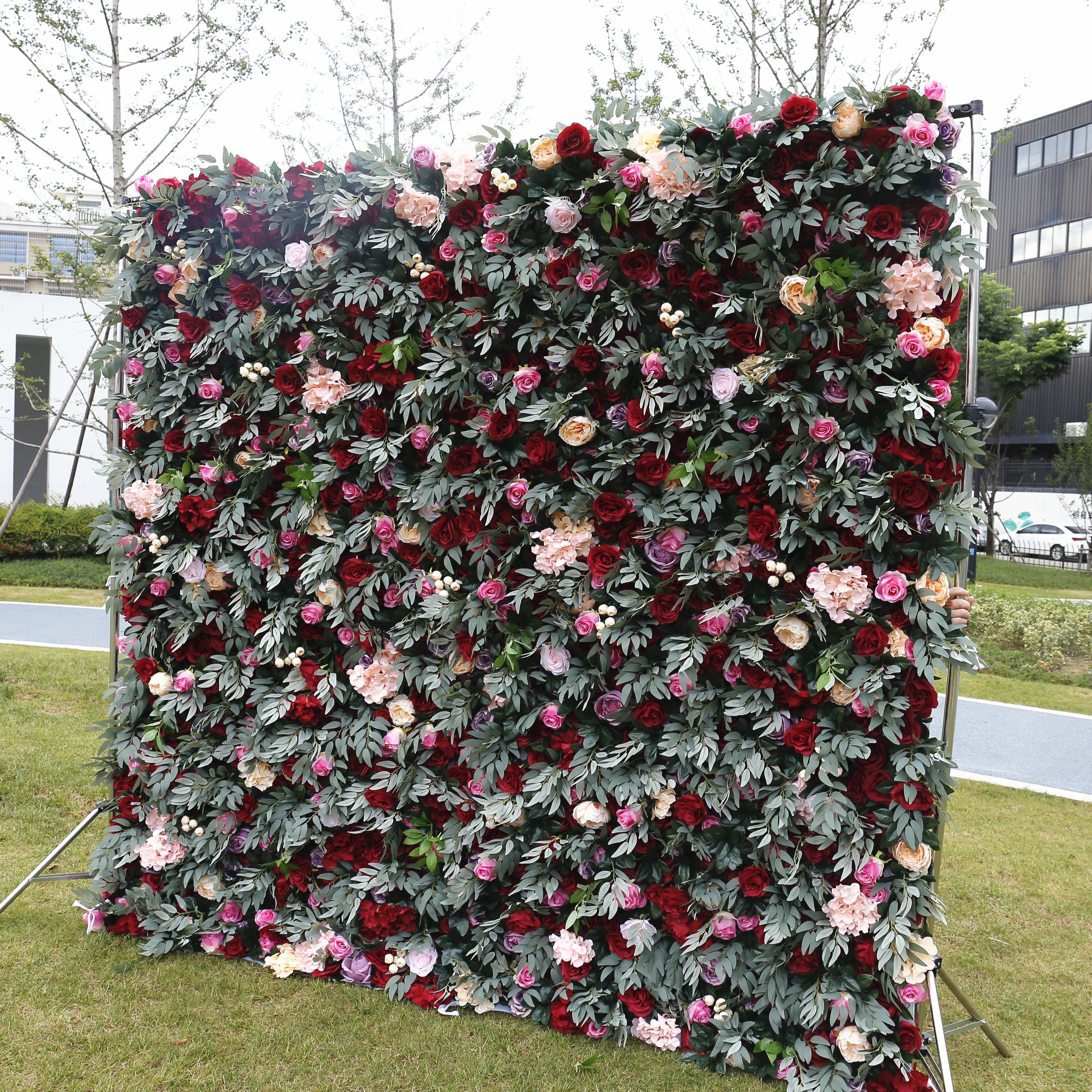 Red Rose with Greenery Wedding Fabric Roll Up Curtain Flower Wall ACFW-043